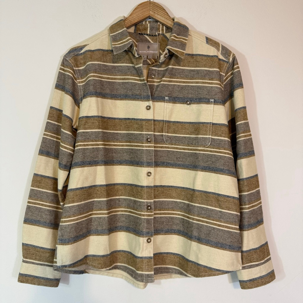 ROYAL ROBBINS Clouds Rest Hemp Flannel Shirt Bistre Pacific Crest Stripe M